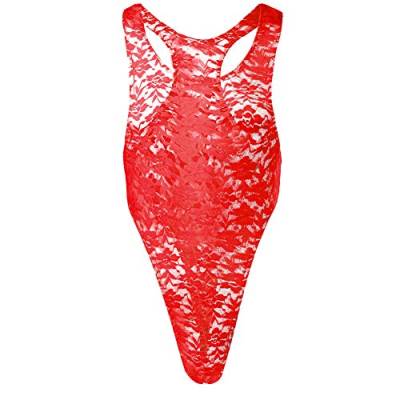 Herren Spitzenbody Rückenfrei Einteiler Stringbody Bodysuit Männerbody Overall Reizwäsche Männer Body Spitze Unterwäsche Shirt Tops Unterhemd Rot XL von IWEMEK