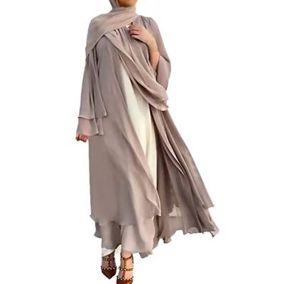 IWEMEK Cardigan für Damen, Muslim, lang, Chiffon, Gebetskleid, Puffärmel, einfarbig, locker + Hijab Halstuch, Abaya, offen, Dubai Arabisch, Islamisch, mittelgroßer Osten, kaki, Small von IWEMEK