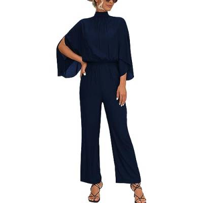 IWEMEK Damen Lang Jumpsuit Weitem Bein Overall Hose Mock Hals Schlitz 3/4 Fledermausärmel Elastische Taille Schlüsselloch Rücken Strampler Festlich Party Hochzeit Einteiler Marineblau XL von IWEMEK