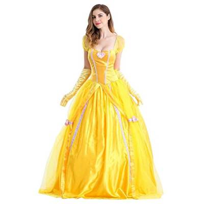 IWEMEK Damen Prinzessinnen-Kleid Schöne Fancy Dress Up Kostüm Erwachsene Halloween Karneval Cosplay Die Schöne und das Biest gelb lang Klassisch Abendkleid Party Weihnachten mit Handschuhe Gr. Medium von IWEMEK