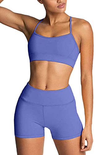 IWEMEK Damen Workout Sets 2 Stück Yoga Outfits Hohe Taille Yoga Leggings Shorts und Sport BH Gym Kleidung Trainingsanzug, Blau, M von IWEMEK