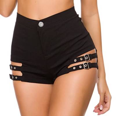 IWEMEK Kurze Lederhose Damen Schwarz High Waist PU Ledershorts Rave Pole Dance Booty Shorts Party Outfit Nachtclub Gothic Kurze Hose Lackhose Hotpants Sexy Clubwear Schwarz 05 M von IWEMEK