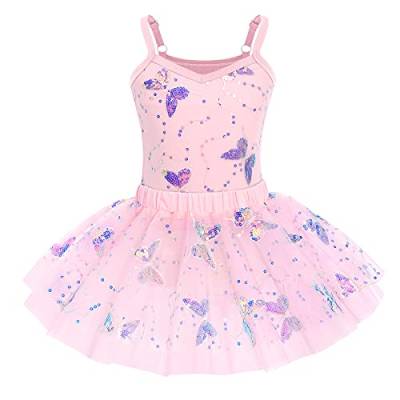 IWEMEK Mädchen Ballettkleid Ärmellos Pailletten Schmetterling Balletttrikot Ballettanzug Tanzkleid Tanzbody Top mit Tütü Rock Ballettrock 2tlg Kinder Ballettkleidung Gymnastik Rosa 3-4 Years von IWEMEK