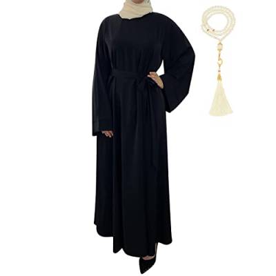 IWEMEK Muslimisches Kleid für Damen, Gebet, Abaya Dubai, einfach, modern, islamische Kleidung, Mittelösten, Türkei, Kaftan, 1 Stück, einfarbig, lange Ärmel, mit Kette, Perlen, Abend, Schwarz, Small von IWEMEK