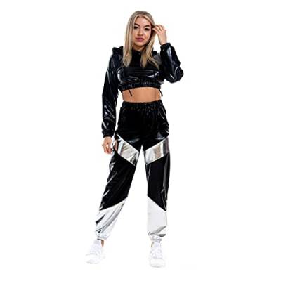 IWEMEK Rave Outfits Damen Metallic Top Glitzer Hose Trainingsanzug Glänzend Hohe Taille Jogginghose Lack Leder Oberteil 80er 90er Fasching Festival Party Disco Hip Hop Kostüm Clubwear Schwarz XXL von IWEMEK