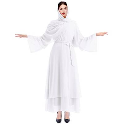 IWEMEK Strickjacke Frauen Muslimische Cardigan Lange Maxikleid + Hijab Kopftuch Passform Langarm Kaftan Damen Burka Abaya Islamic Dubai Arabisch Kleider Gebetskleid Gebetskleidung #A: Weiß Set S von IWEMEK