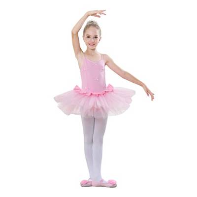 Kinder Tanzkleid Mädchen Trikot Tutu Ballettkleid Ballerina Gymnastikanzug Tüllrock Ärmellos Spaghettiträger Turnanzug Schleifen Tanzbody Knopf Schritt Eiskunstlauf Ballettkleidung Rosa 8-9 Jahre von IWEMEK