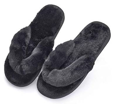 Plüsch Frauen Flip Flops Hausschuhe, Fluffy Kunstpelz Flip Flops, Home Open Toe Hausschuhe für Mädchen oder Männer,36-37,Black von IXITON