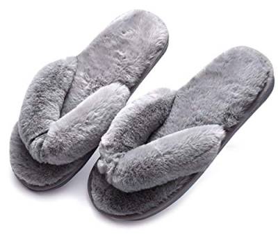 Plüsch Frauen Flip Flops Hausschuhe, Fluffy Kunstpelz Flip Flops, Home Open Toe Hausschuhe für Mädchen oder Männer,36-37,Gray von IXITON