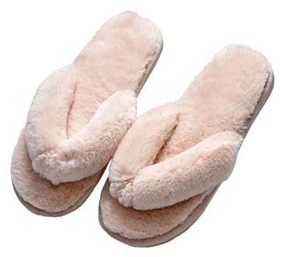 Plüsch Frauen Flip Flops Hausschuhe, Fluffy Kunstpelz Flip Flops, Home Open Toe Hausschuhe für Mädchen oder Männer,36-37,beige von IXITON