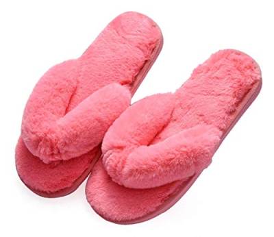 Plüsch Frauen Flip Flops Hausschuhe, Fluffy Kunstpelz Flip Flops, Home Open Toe Hausschuhe für Mädchen oder Männer,36-37,pink von IXITON