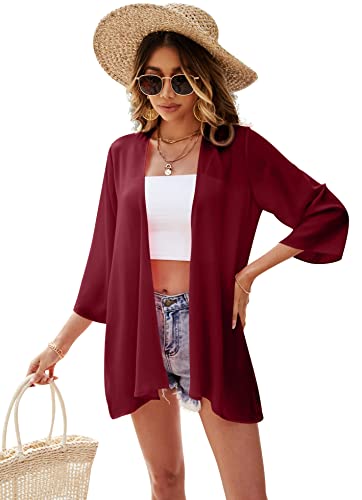 Ietaoo Strickjacke Damen Kimono Cardigan Chiffon Boho 3/4 Arm Leichte Sommerjacke Strand Cover Up Shawl Bluse Weinrot L von Ietaoo