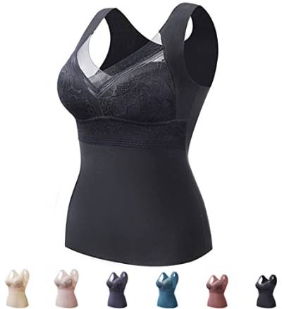 2-In-1 Built-In Bra Thermal Underwear Women, BH Hemd Damen mit Cups, BH Hemdchen Ohne BüGel, Top mit Integriertem BH, Thermo Unterhemd äRmellose Shirts Frauen V-Ausschnitt Weste (Schwarz,4XL) von JASUBAI