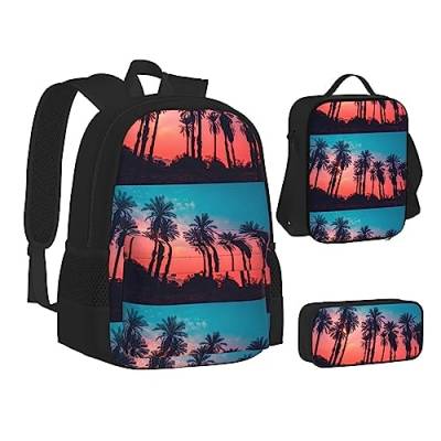 JCAKES Kinder Schultasche Rucksack Palme Sonnenuntergang Reise Tagesrucksack Lunchtasche Federmäppchen 3 in 1 Rucksäcke Sets Schwarz, Schwarz , Einheitsgröße, Kinderrucksack von JCAKES