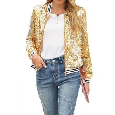 JCMoniDun Damen-Paillettenjacke, lässig, Reißverschluss, langärmelig, leicht, locker, funkelnd, Party-Bomberjacke, Mantel, Herbstkleidung (Gold, M), gold, 38 von JCMoniDun