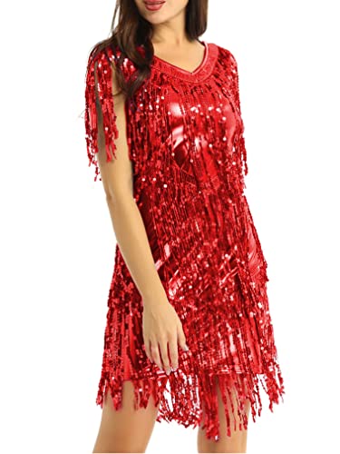 JEATHA Damen Glänzende Pailletten Kleider Mit Quaste V-Ausschnitt Tanzkleid Fransenkleid Samba Tango Latin Salsa ChaCha Kleid Quastenrock Wettbewerb Kostüme Rot L von JEATHA