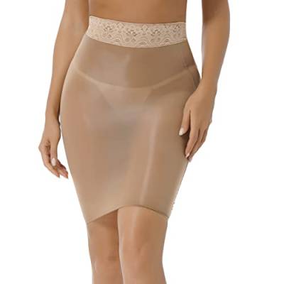 JEATHA Damen Transparent Unterrock Bleistiftrock Glänzende Stretchrock Unterkleid Halbrock Einfarbig Underskirt Nachtkleid Petticoat Lingerie Erotik Dessous Nude One Size von JEATHA