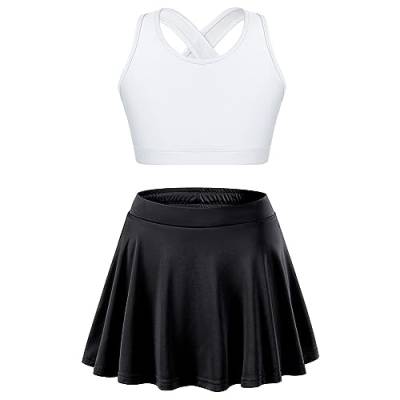 JEATHA Mädchen Tennis Golf Anzug Ärmellos Crop Top Bauchfrei Yoga Fitness Oberteil Sportskort Tennisrock Sportkleidung Weiß schwarz 134-140 von JEATHA