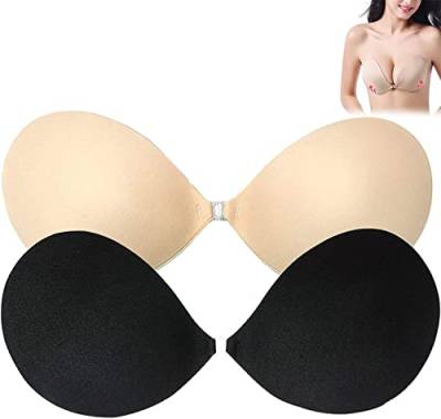 2 Paar selbstklebende BHs aus der Laura Collection, rückenfrei, trägerlos, wiederverwendbar, Push-Up, trägerlos, unsichtbarer, klebriger BH für Frauen (F, Schwarz+Haut) von JIXaw