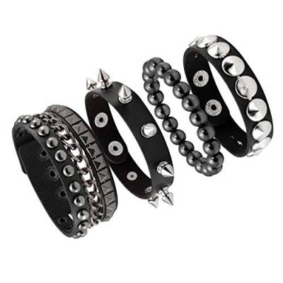 JJDreams Punk Nietenarmband Lederarmband Schwarz Gothic Armreif mit Kette Rock Armband Set Biker Armband für Damen Rocker Outfit von JJDreams