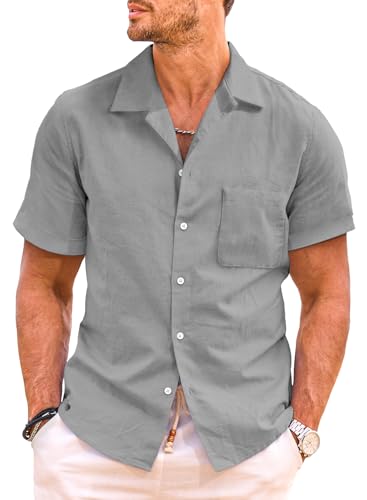 JMIERR Hawaii Hemd Männer Hemd Herren Kurzarm Freizeithemd Sommer Leinenhemd Strand Hawaiihemd Button Down Regular Fit Einfarbig mit Taschen Grau, L von JMIERR