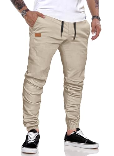 JMIERR Herren Hose Chino Cargo Hose Jogginghose Herren Baumwolle Sporthose Casual Freizeithose Elastische Taille mit Kordelzug Sweatpants Herren mit Taschen, Khaki-L von JMIERR