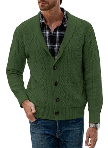 JMIERR Herren Strickjacke Pullover V Ausschnitt Strick Langarm Revers Hals Slim Fit Lässig Gestrickter Strickmantel Grün XL von JMIERR