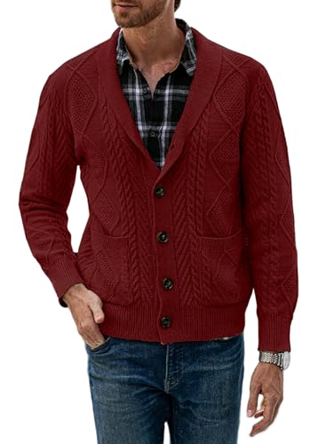 JMIERR Herren Strickjacke Pullover V Ausschnitt Strick Langarm Revers Hals Slim Fit Lässig Gestrickter Strickmantel Rot XL von JMIERR