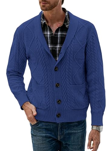 JMIERR Strickjacke Herren V Ausschnitt Strick Cardigan Langarm Pullover Einfarbige Strickmantel mit Taschen Blau S von JMIERR