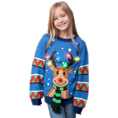 JOYIN Kinder-Weihnachtspullover mit LED-Beleuchtung, Rentier, hässlicher Weihnachtspullover, eingebaute Glühbirnen für Mädchen und Jungen (blau, S) von JOYIN