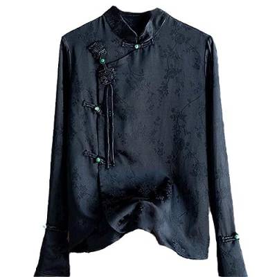 Vintage Jacquard Seidenbluse Damen Ausgestellte Ärmel Tops Retro Knopf Stehkragen Bluse Chinesische Strickjacke Shirt Black L von JXQXHCFS