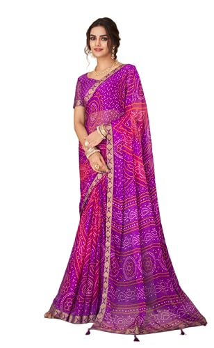 Jaanvi Mode Frauen Chiffon Bandhani gedruckt Saree mit soliden Selbst gedruckt Unstitched Bluse Stück, Purple-B, One size von Jaanvi