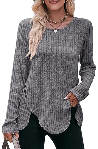 Jabeiyou Damen Langarmshirt Rundhals Unregelmäßig Oberteile Shirts Casual Unifarben Gebürstet Dekorative Knöpfe Tshirt Tops Longshirt Mehrfarbig Größe S-XXL von Jabeiyou