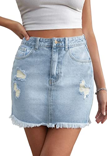 JayscreateEU Damen Sommerrock Jeansrock Enger Rock Minirock mit Tasche Hüftrock A-Linie Rock mit Taschensaum Rock mit Fransen,Blau,XL von JayscreateEU