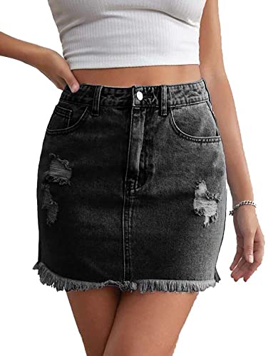 JayscreateEU Damen Sommerrock Jeansrock Enger Rock Minirock mit Tasche Hüftrock A-Linie Rock mit Taschensaum Rock mit Fransen,Schwarz,L von JayscreateEU