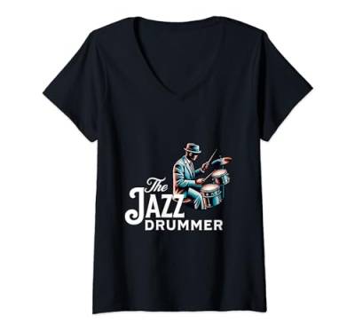 Damen Jazz Schlagzeuger Drummer Drums Retro Swing Band 50er Musik T-Shirt mit V-Ausschnitt von Jazz Schlagzeug Drums Vintage Retro Band Drums Fan
