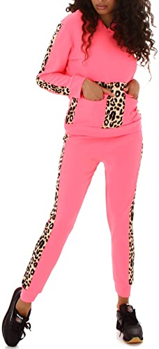 Jela London Damen Jogginganzug Stretch Hausanzug High-Waist Leggings Kapuzen-Pullover Taschen Leopard-Streifen, Pink 38-40 (L/XL) von Jela London