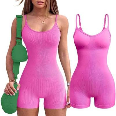 Jetjoy Damen Jumpsuit Kurz Eng Ärmellose Yoga Romper Spaghetti Strap Onesie Bodysuit Sommer Tank Top Einteiler Overall Stretch Sexy Sport kurzer Jumpsuits,Rose,M von Jetjoy