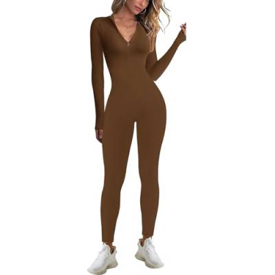 Jetjoy Sport Jumpsuit Damen eng Einteiler Jumpsuit Damen Langarm Gerippte Ganzkörperanzug mit Reißverschluss Yoga Overall V-Ausschnitt Bodycon Strampler,Reißverschluss Braun,S von Jetjoy