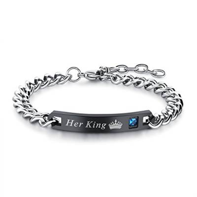 JewelryWe Schmuck Herren Partner Armband, Lieben Freundschaftsarmband Valentinstag Paar Geschenke, Her King Schrift Krone, Edelstahl Zirkonia, Schwarz Silber, kostenlos Gravur von JewelryWe