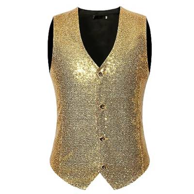 Jiabing Herren Pailletten Anzug Weste V-Ausschnitt Ärmellos diverse Größen Party Herbst/Winter Gold Pailletten Einreihige Weste Jacke Mantel Flotation Anzug Elegant Anzugweste Mens Waistcoat von Jiabing