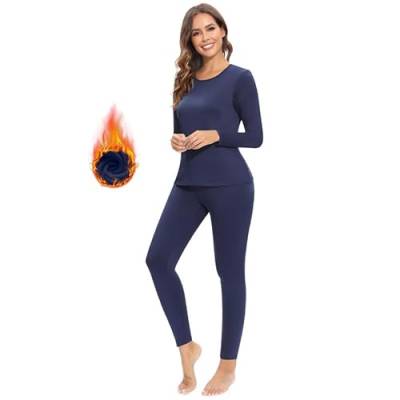 Jiuday Thermounterwäsche Damen Winter Funktionswäsche Set Warm Thermo Oberteil & Leggings Atmungsaktiv Flexibel Skiunterwäsche für Hause Wintersport (Navy Blau,XL) von Jiuday