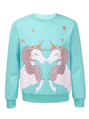 Jowowha Mädchen Pullover Sweatshirt Glitzernde Einhörner/Pferd Druck Pulli Rundhals Langarmshirt Casual Jumper Tops Oberteile Gr.98-176 Aa Blau Grün 110-116 von Jowowha