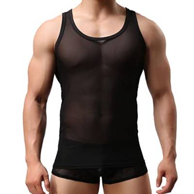 Sexy Herren durchsichtig Kurzarm T-Shirt Unterwäsche Overall ärmellose Stretch-Mesh-Weste Trikot Body Männer Dünn Dessous Mesh-Shirt Unterhemden Muskel Top Oberteil Muskel Fit Unterhemd (XL,Schwarz) von Jungerhouse