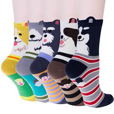 5 Paar Damen Socken Tiere aus Baumwoll mit Süße Katze Tiermuster, Lustige Bunte Socken Geschenk für Damen Einheitsgröße Gelb von Justay Comf