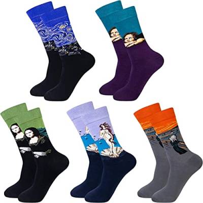 5 Paar Herren Lustige Bunte Socken,Klassische Gemälde Gemusterte Muster Socken, Verrückte Modische Mehrfarbig Socken Einheitsgröße Blau von Justay Comf