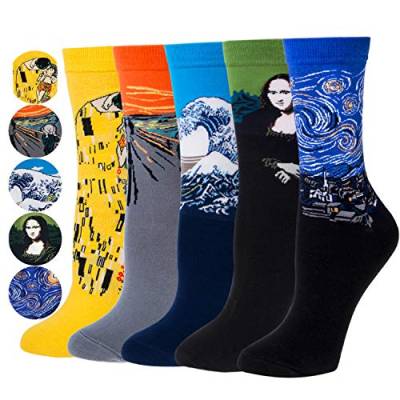 5 Paar Herren Lustige Bunte Socken,Klassische Gemälde Gemusterte Muster Socken, Verrückte Modische Mehrfarbig Socken Einheitsgröße Gelb von Justay Comf