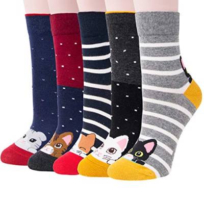 5 Paar Damen Socken Tiere aus Baumwoll mit Süße Katze Tiermuster, Lustige Bunte Socken Geschenk für Damen Einheitsgröße Gray7 von Justay Comf