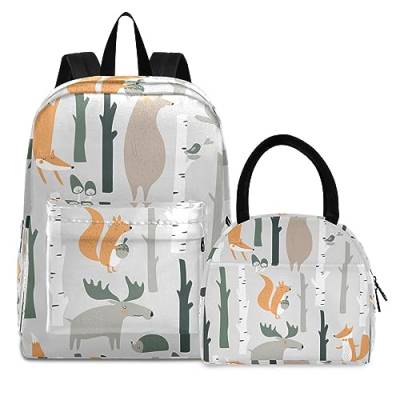 Wald-Cartoon-Fuchsbär Büchertasche Lunchpaket Set Schulter Rucksacks Bookbag Kinderrucksack Isolierte Lunchbox-Tasche für Mädchen Jungs von KAAVIYO