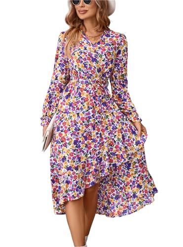 KANDEMY Kleider für Damen Langarm V-Ausschnitt Wickelkleid Rüschensaum Lange Freizeitkleider Frühling Strand Blumen Kleider Maxi Dress Lila-rosa L von KANDEMY